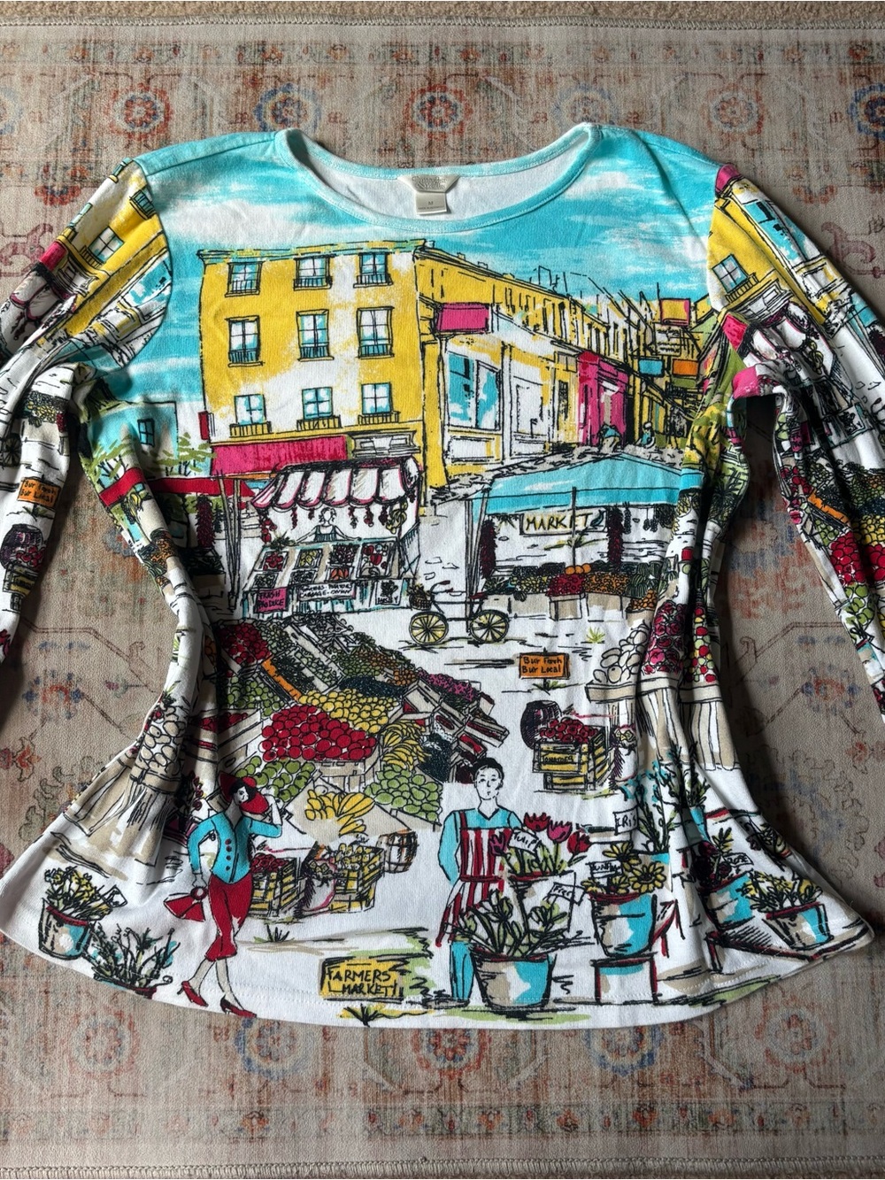 Christopher & Banks 3/4 Long-Sleeve Market Scene Top - Turquoise, Yellow & Red